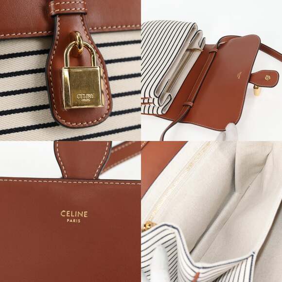 CELINE Shoulder Bag Canvas Leather Brown Gold - Picture 11 of 13